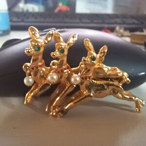 Vintage Reindeer Brooch with Faux Emerald eyes and dangling faux pearls